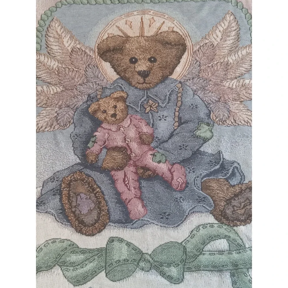 Boyds Bears & Friends Woven Tapestry Throw Blanket Angel Teddy Bear Pink Blue